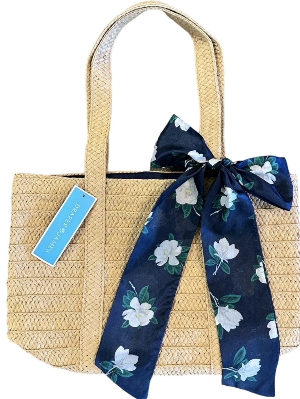 Draper James Everyday Straw Tote Bag With Blue Floral Scarf Lined NEW